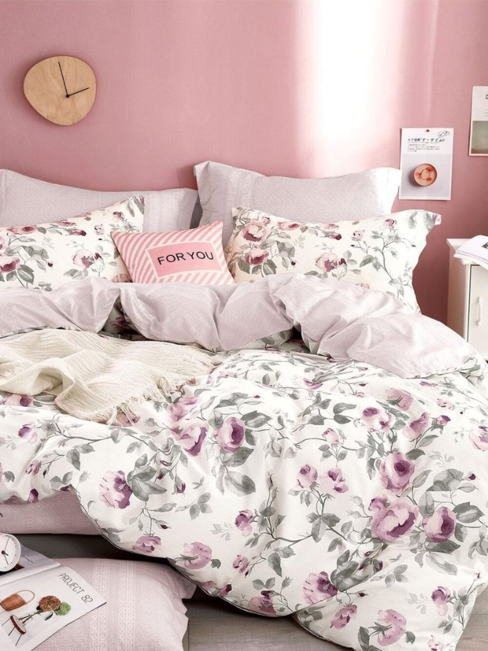 Romantic Pastel Rose Floral Cotton Duvet Cover Set Queen Size 3PC